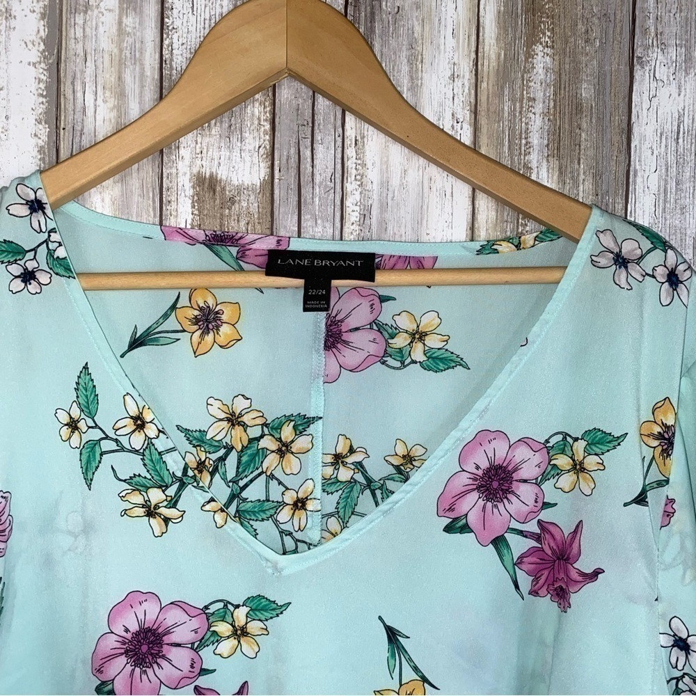Lane Bryant Floral Chiffon Tiered Bell Sleeve Blouse Blue Pink - Picture 4 of 6